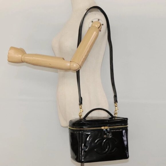CHANEL COCO Mark Vanity Hand Bag Patent leather 2way Black Gold CC Auth - Picture 1 of 16